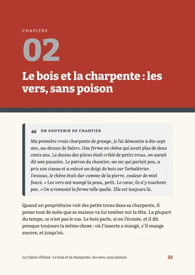 Page 22 du cahier : l'ouverture du chapitre 2, « Le bois et la charpente », avec un souvenir de chantier d'Aimé